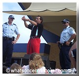 Frankie Houdini and NSW Police officers Mithch and John at Memorial Park on Australia Day. - What's On Image